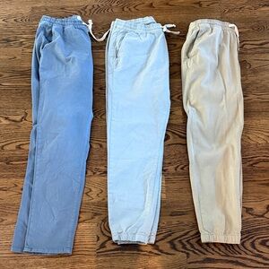 Marine Layer Men's drawstring Chinos - Blue, grey, and Tan size Large